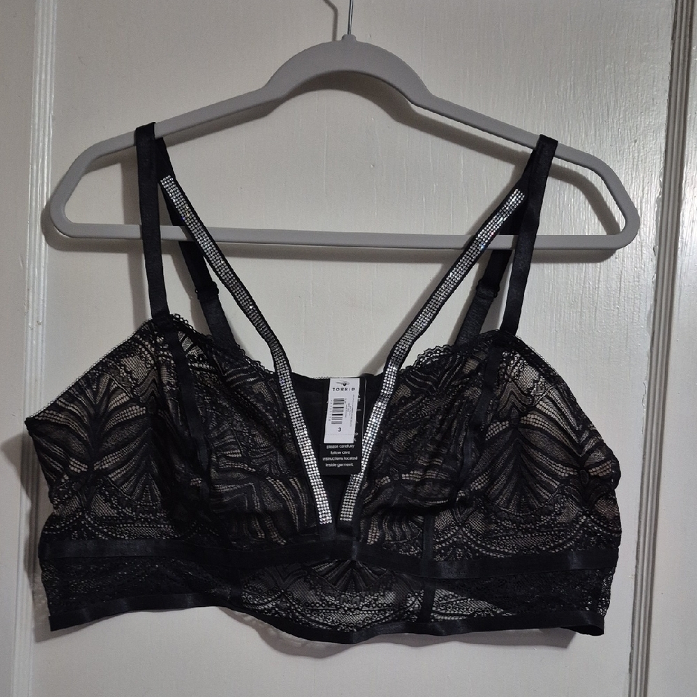 Torrid Black Lace Bralette with Rhinestone Straps